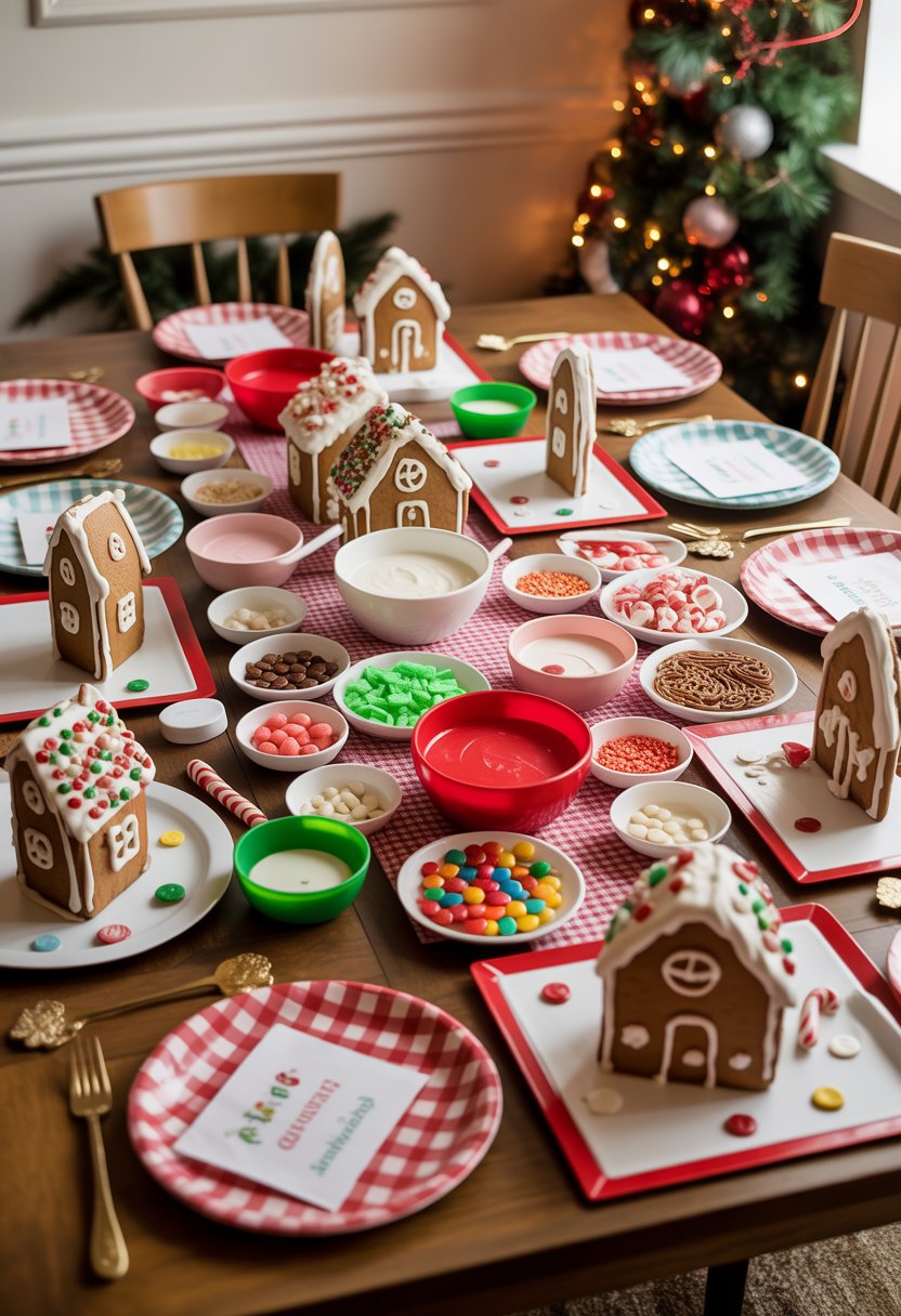 A table set with gingerbread houses and colorful decorating supplies for a Christmas-themed baby shower.